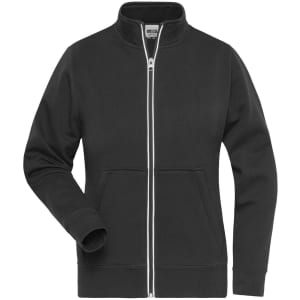 A black double-faced jacket with a zip front, high collar, and front pockets. It features a logo on the chest.