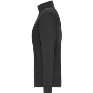 A black ladies' doubleface jacket featuring a high collar and side pockets, with a branding logo.