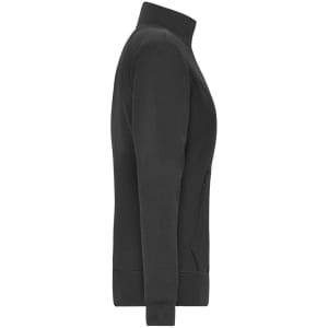 A side view of a black ladies doubleface jacket featuring a high collar and zip pockets. It has a simple design with a logo.