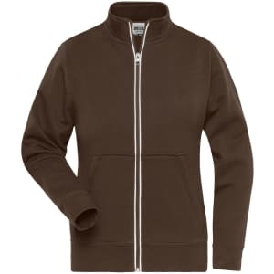 A brown ladies' doubleface jacket with a zip front and pockets, featuring a logo on the chest area.