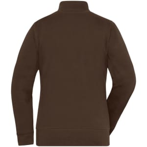 A brown doubleface jacket with a high collar and long sleeves, featuring a logo on the back.
