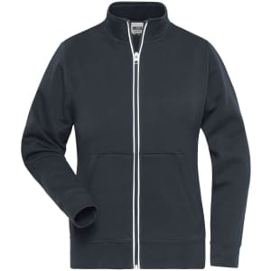 A dark blue ladies' double-faced jacket with a zip front and pockets, featuring a collar and long sleeves.