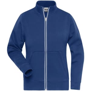 A blue ladies’ doubleface jacket with a zip front, high collar, and front pockets, featuring a logo.