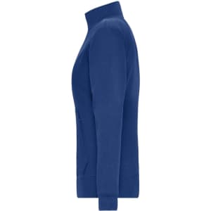 A navy blue ladies doubleface jacket featuring a full zip and a high collar design, with a logo on the side.