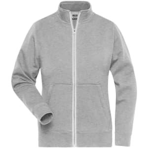 A grey ladies doubleface jacket with a zip front and pockets. It features a collar and long sleeves.