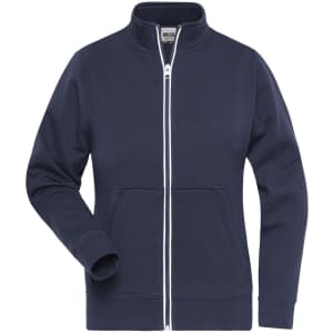 A navy blue doubleface jacket with a zip front and a pocket, featuring a collar and a logo.