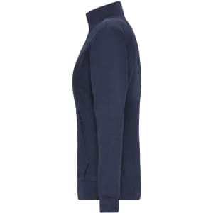 A navy blue ladies doubleface jacket featuring a zip and a fitted design, with a logo on the side.