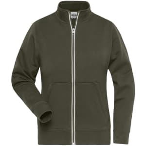 A ladies doubleface jacket in olive green with a zip front and side pockets. It has a logo on the chest area.