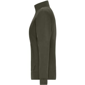 A Ladies Doubleface Jacket in olive green, featuring a zippered front and a high collar. It has a logo on the fabric.