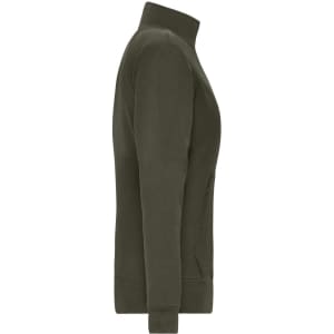 A green ladies doubleface jacket featuring a zippered side pocket and a high collar design. It has a branding logo.