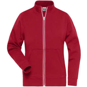 A red Ladies Doubleface Jacket features a zip front and a logo. It has long sleeves and a high collar.
