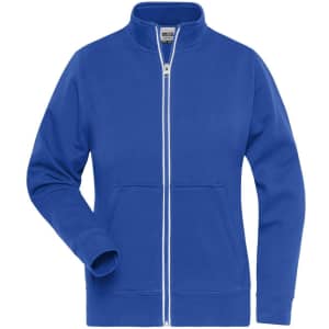 A zip-up ladies jacket in vibrant blue with contrasting zips and a front pocket, featuring a logo.