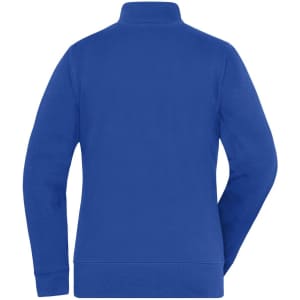 A blue Ladies Doubleface Jacket featuring a high collar and ribbed cuffs, with a logo on the back.