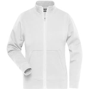 A ladies doubleface jacket in white with a zip front and a stand-up collar, featuring a logo.