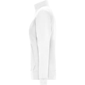 A white Ladies Doubleface Jacket with a fitted design and a zippered pocket, featuring a logo.