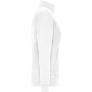 A white Ladies Doubleface Jacket with a zippered front and side pockets, featuring a logo.
