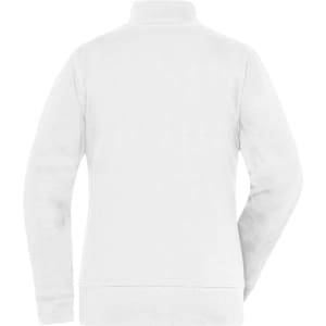 A white Ladies Doubleface Jacket featuring a high collar and long sleeves, with a logo on the back.