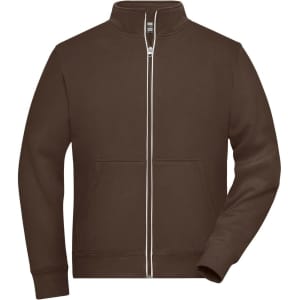 A brown doubleface jacket with a high collar, front zipper, and side pockets. It features a logo on the chest.