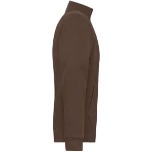 A men's double-face jacket in brown, featuring a high collar and side pockets, with a branding logo.