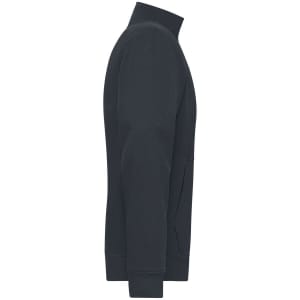 A double-face jacket in dark navy, featuring a zip-up collar and side pockets. It has branding on the garment.