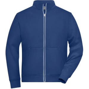 A blue men's double-faced work jacket with a full zip and front pockets. It features a logo on the chest.