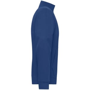A men's double face jacket in blue, featuring a high collar and a side view showcasing its sleeve and pocket design.