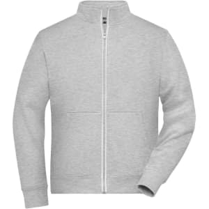 A grey men's doubleface jacket featuring a full zip and a front pocket, with a logo on it.