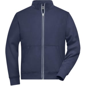 A navy blue men's double-faced jacket featuring a zip front and front pockets, with a logo on the chest area.