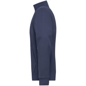A navy blue men's double-face jacket features a high collar and long sleeves, with a pocket on the front.