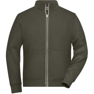 A zip-up men's doubleface jacket in olive green, featuring a high collar and front pockets. It has a logo present.
