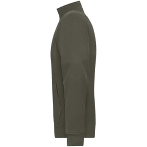A men's doubleface jacket in olive green, featuring a high collar and side pockets, with a logo present.