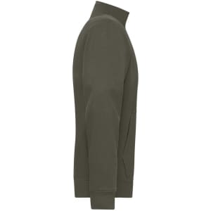 A men's olive green doubleface jacket viewed from the side, featuring a collared neck and pocket.
