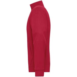A red men's doubleface jacket featuring a high collar and long sleeves, with a side view highlighting its design.