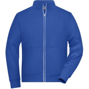 A blue men's doubleface jacket with a zip front, high collar, and side pockets. It features a logo on the chest.