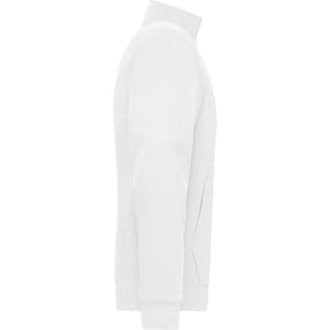 A white men's doubleface jacket with a high collar and side pockets, featuring a logo on one side.