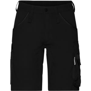 Black stretch bermuda work shorts featuring multiple pockets and a logo. Ideal for workwear applications.