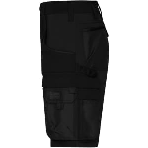 A pair of black work shorts featuring multiple pockets and a logo on the front.