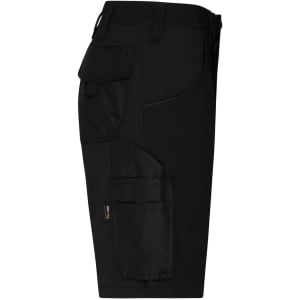 A pair of black work shorts with multiple side pockets and a logo, designed for workwear.