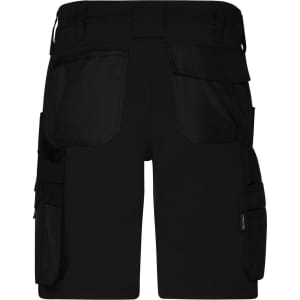 A pair of black work shorts with multiple pockets and a branded label on the side.