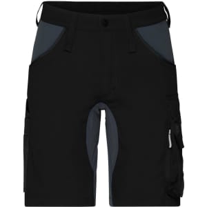 Black work shorts featuring contrasting dark grey panels and multiple pockets, with an unobtrusive logo.