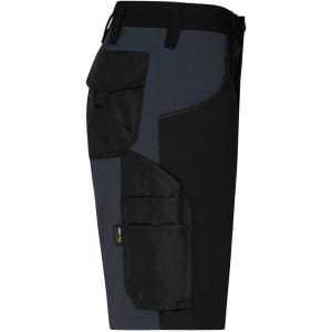 A pair of men's work shorts in black and grey, featuring pockets and a logo.