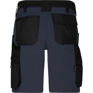 Navy work shorts with black accents and multiple pockets, featuring a logo on the waistband.