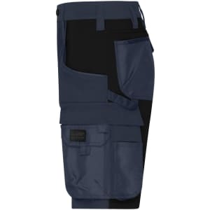 A pair of navy blue work shorts featuring multiple pockets and a logo. Ideal for workwear applications.