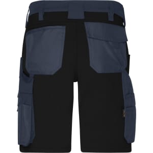 A pair of black and navy work shorts featuring multiple pockets and a rugged design suitable for workwear.