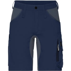 Workwear Stretch-Bermuda in navy, featuring multiple pockets and grey accents, includes a logo on the design.