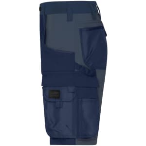 Workwear Stretch-Bermuda in navy and grey, featuring multiple pockets and a logo. Suitable for work or casual wear.