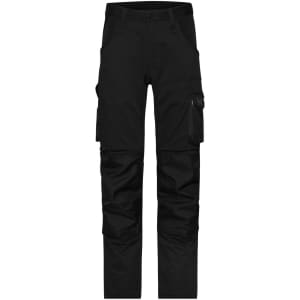 Black workwear stretch-pants with multiple pockets and a logo, designed for durability and comfort.