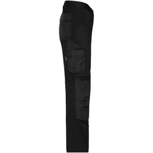 Black stretch-work pants with multiple pockets and a sleek design. Features a logo on the fabric.