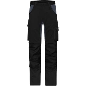 Black work pants featuring cargo pockets and a logo, designed for comfort and stretch.