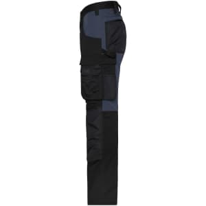 Workwear stretch pants in black and navy, featuring multiple pockets and a rugged design. Includes branding.
